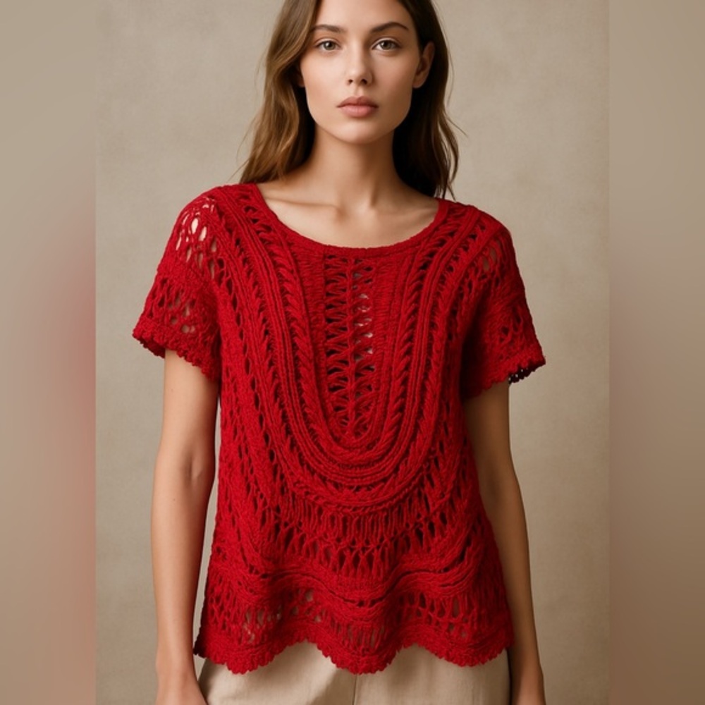 GeeGee Red Crochet Boho Top • Festival Beach Coverup Blouse Size M